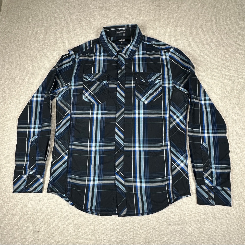 Carbon Mens Plaid Button Up Shirt Black Blue Long Sleeve Casual Cotton